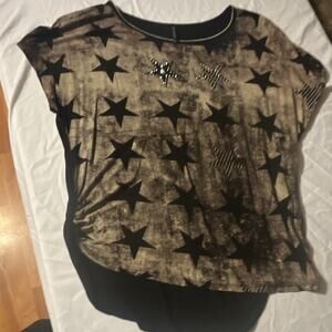 Skinny Minnie Women's XL Top Black/Brown/Gray Star Print Rhinestone Round Neck